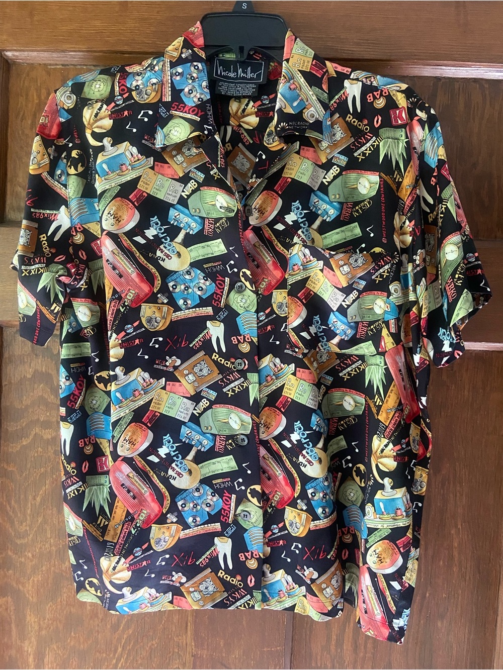 Vintage 1990s Nicole Miller silk button-down shirt with a unique “Radio” print